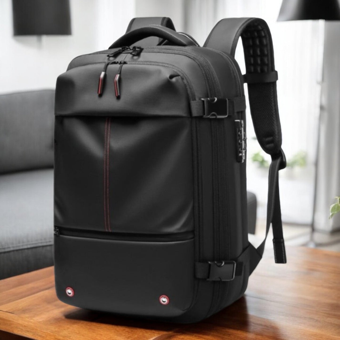 Expandable vacuum compression travel backpack in black color